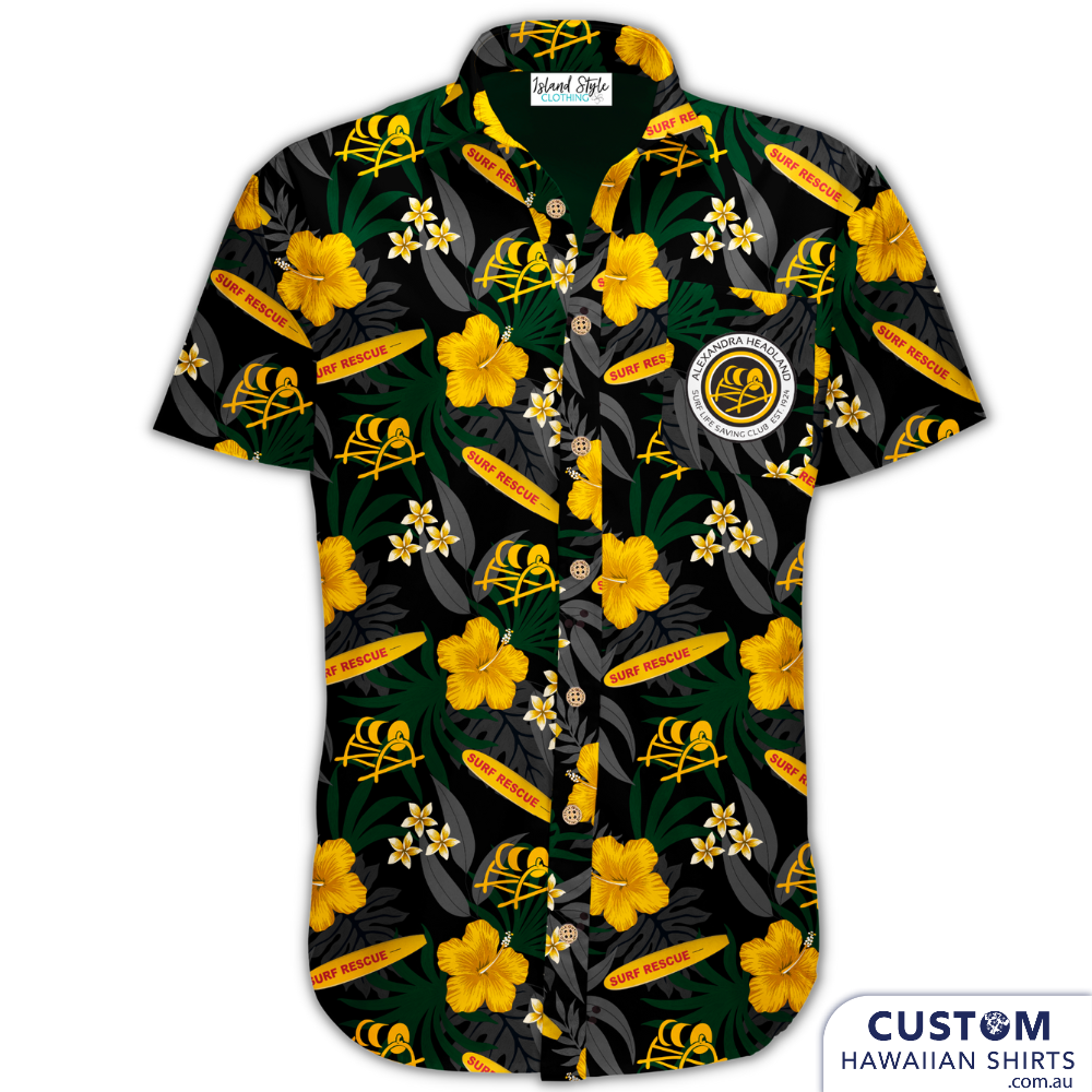 Alexandra Headland Surf Life Saving Club on Sunshine Coast, Queensland wanted some new custom uniforms.   Open collar Chest pocket Embossed Coconut buttons (one spare) Aussie Shirts- personalised Hawaiian shirts uniforms apparel