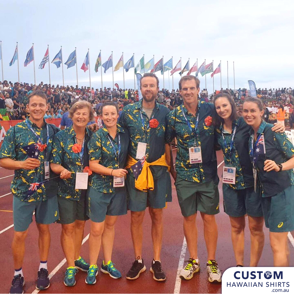 Proud to the Australian Olympic Committee these shirts for the team to wear to the Pacific Games in Samoa 2019. They wanted a shirt that represented Australia - gum leaves and also the host country with hibiscus flowers and tribal motif of course in the Australian team colours. These shirts were worn to the opening and closing ceremonies. 100% Cotton Coconut buttons