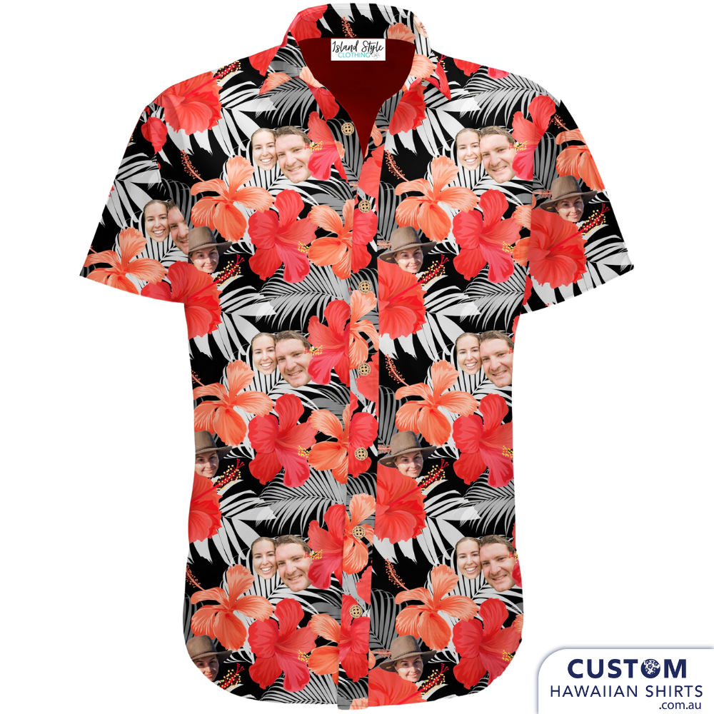 The Bride and Groom plus all their friends rocked this custom-designed Hawaiian shirts at their wedding after-party. What a fun wedding favour gift!  Let us design one for your special someone's Milestone birthday, bucks parties or any event. Bride & Groom Wedding - Personalised After Party Shirts
