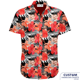 The Bride and Groom plus all their friends rocked this custom-designed Hawaiian shirts at their wedding after-party. What a fun wedding favour gift!  Let us design one for your special someone's Milestone birthday, bucks parties or any event. Bride & Groom Wedding - Personalised After Party Shirts