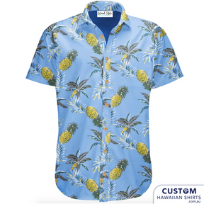 Bar and Hotel staff shirts custom-designed for Burleigh Heads Hotel. These hospitality uniforms feature pineapples and palms