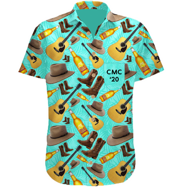 a blue shirt with a picture of a hat, boots, and a bottle of