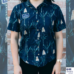 Custom Shirts highlighting a simple but stunning sugar cane in the design for Husk Distillery, Northern Rivers, NSW. If you are in the area please drop into their Cellar Door it's a wonderful venue and you can buy yourself one of these fab shirts.  100% Cotton  Dark Navy and Beige base Coconut Buttons