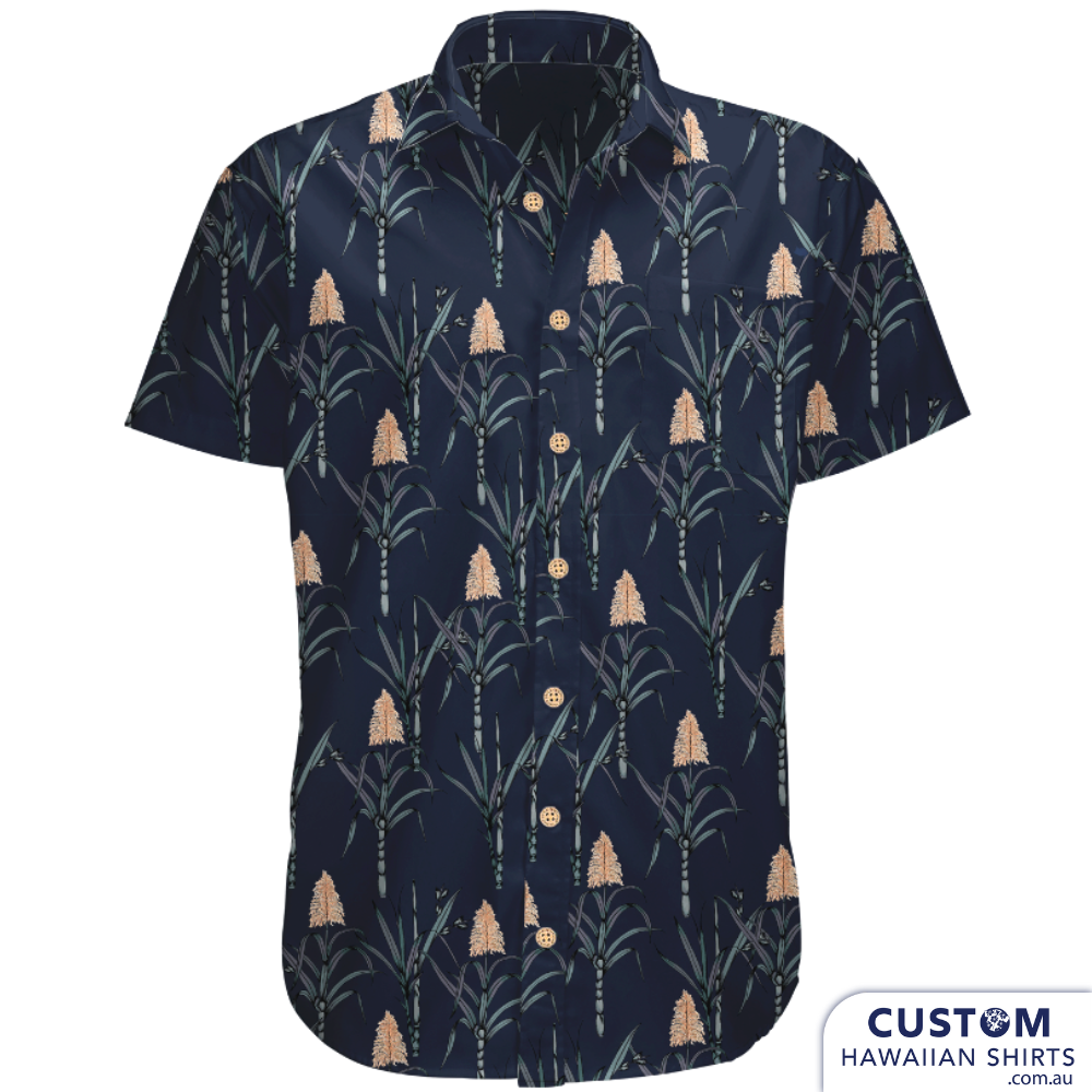 Custom Shirts highlighting a simple but stunning sugar cane in the design for Husk Distillery, Northern Rivers, NSW. If you are in the area please drop into their Cellar Door it's a wonderful venue and you can buy yourself one of these fab shirts.  100% Cotton  Dark Navy and Beige base Coconut Buttons