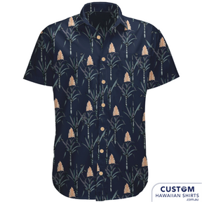Custom Shirts highlighting a simple but stunning sugar cane in the design for Husk Distillery, Northern Rivers, NSW. If you are in the area please drop into their Cellar Door it's a wonderful venue and you can buy yourself one of these fab shirts.  100% Cotton  Dark Navy and Beige base Coconut Buttons