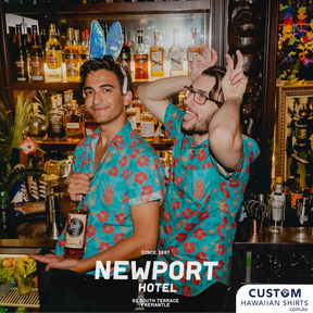 A cool custom design for Newport Hotel, Tiki Beat Bar in Western Australia. Featuring hibiscus flowers and tiki faces plus logo on the pocket. Very tropical Bar and Hotel staff uniforms. This sure looks like the place to be when you are in Perth.  Soft touch rayon Coconut buttons Do you need any custom uniforms for your bar or hotel? Enquire now.