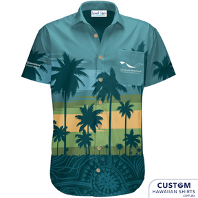 Cairns & Hinterland Hospital, FNQ - Custom Uniforms, Far North Queensland wanted new customised uniforms for their staff. It included a border of A&TSI art and palms throughout the design in their company colours. They were the first hospital staff in Queensland to be vaccinated. 100% Cotton Mens & Womens Custom Hawaiian Shirts 