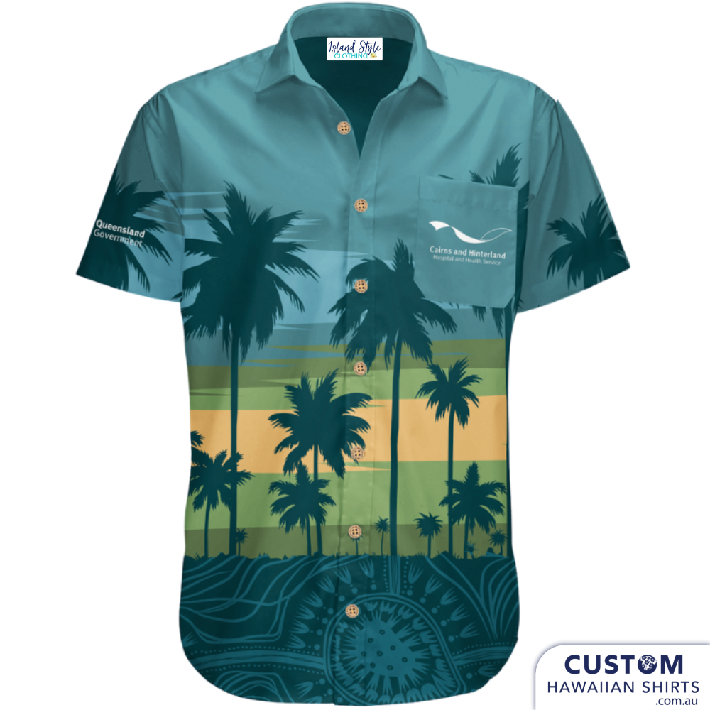 Cairns & Hinterland Hospital, FNQ - Custom Uniforms, Far North Queensland wanted new customised uniforms for their staff. It included a border of A&TSI art and palms throughout the design in their company colours.  Fun fact - they were the first hospital staff in Queensland to be vaccinated. 100% Cotton Mens & Womens Custom Hawaiian Shirts 