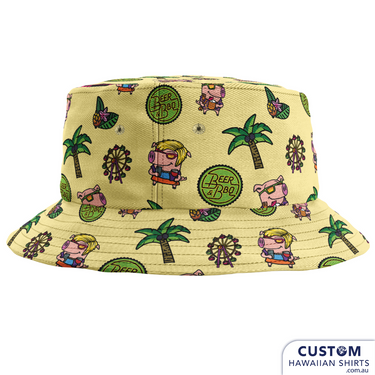 a yellow hat with cartoon characters on it