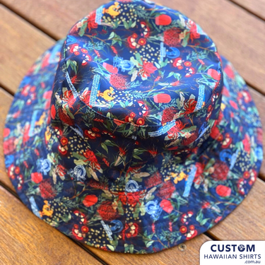 Bedourie Golf & Leisure Club got geared up for their annual 'Camel and Pig Races' out west QLD.  We designed and made for them reversible Custom Bucket Hats to match Hawaiian Shirts. Ridgey Didge best event festival merch. Designed with Australian botanicals.