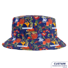 Bedourie Golf & Leisure Club geared up with some wicked personalized merch for their annual 'Camel and Pig Races' out west QLD.  We designed and made for them reversible Custom Bucket Hats to match Hawaiian Shirts. Ridgey Didge best event festival merch. Designed with Australian botanicals.