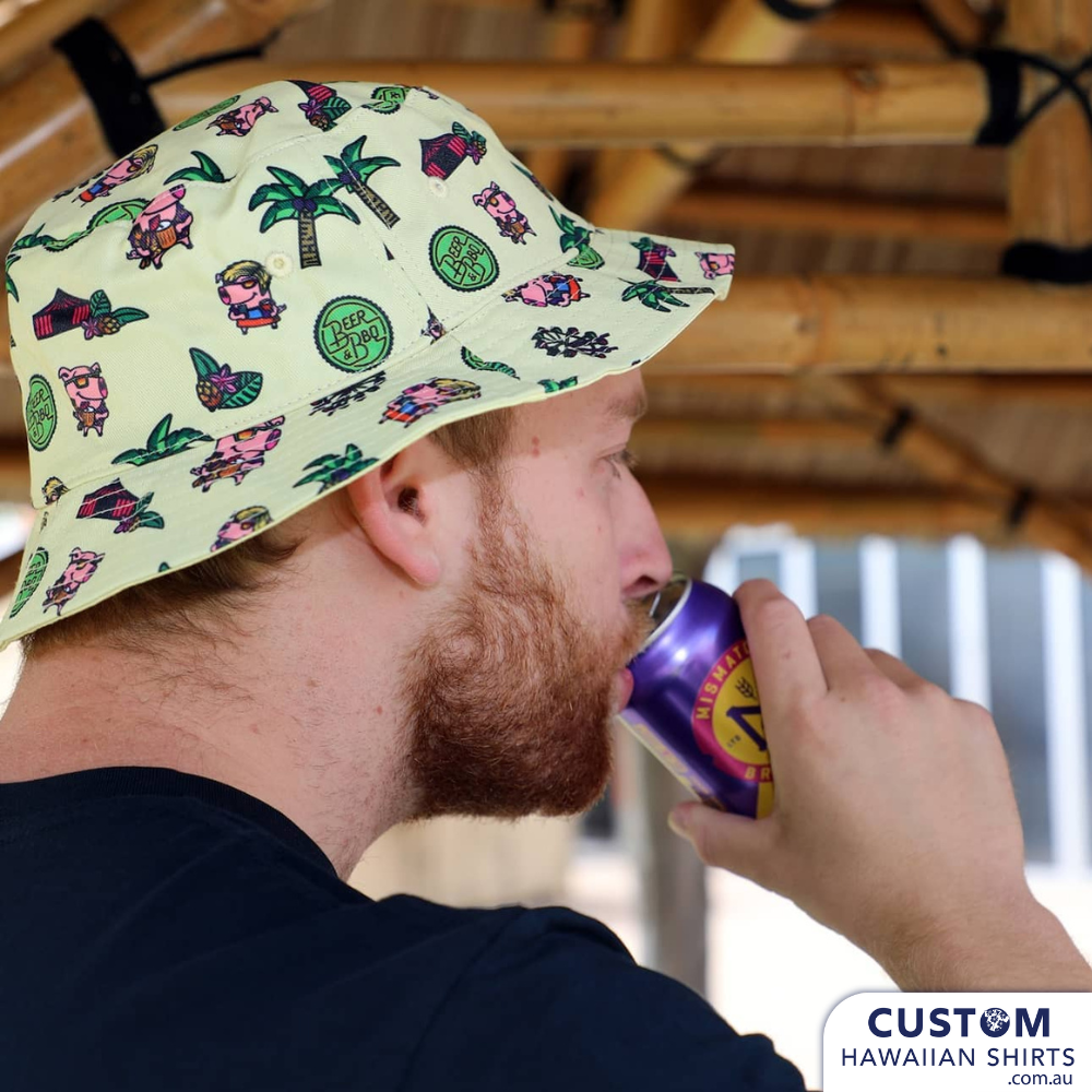 Beer & BBQ Festival loving their Custom Bucket Hats of course with matching Hawaiian Shirts and Shorts. Wicked festival merch.