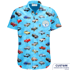 Cool classic car club shirts designed for the 48th National Rally NSW 2023, Sapphire Coast Vauxhall Owners Club of Australia.  100% rayon 1 x chest pocket with logo Coconut shell buttons