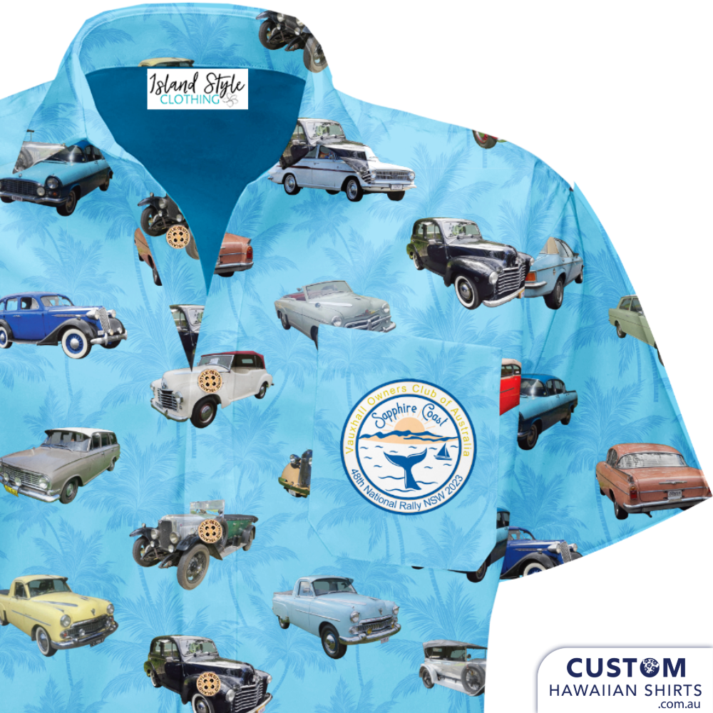 Cool classic car club shirts designed for the 48th National Rally NSW 2023, Sapphire Coast Vauxhall Owners Club of Australia.  100% rayon 1 x chest pocket with logo Coconut shell buttons