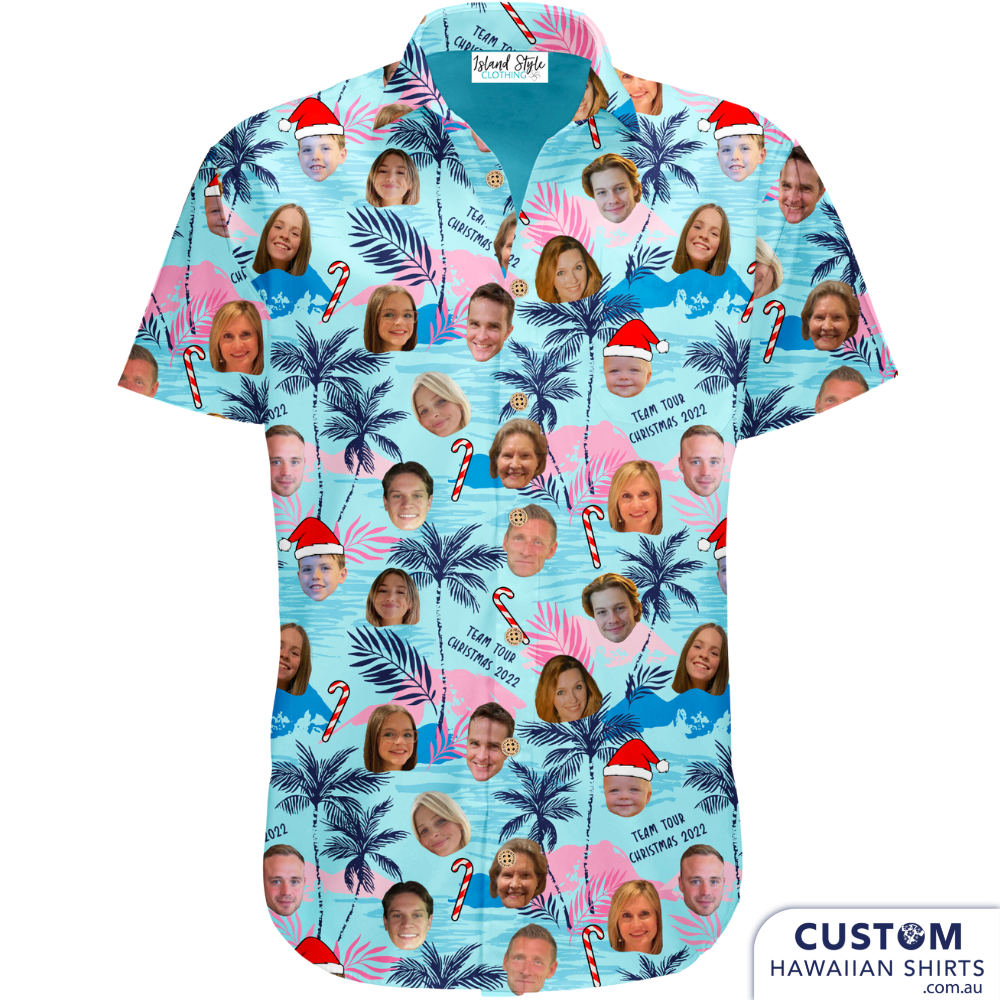 These fun and festive custom face Christmas shirts were designed for a family Xmas celebration. They wanted a tropical yet Xmassy look with their faces on it. Merry Christmas to that!