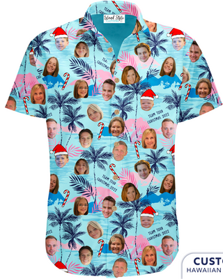 These fun and festive custom face Christmas shirts were designed for a family Xmas celebration. They wanted a tropical yet Xmassy look with their faces on it. Merry Christmas to that!