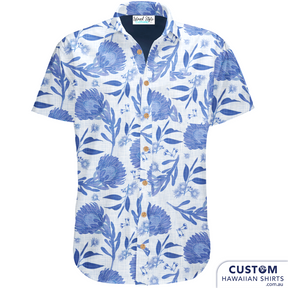 Kingscliffe Beach Bowls Club in northern NSW wanted a floral Hawaiian shirt in their club colours. We suggested Australian flowers for them and they loved it. This shirt features warratah flowers, gum flowers and gum nuts. We like to call it an 'Aussie shirt' not a 'Hawaiian shirt'. Get in touch if we can design something exclusively for you.    100% Cotton Designed with beautiful Australian botanicals