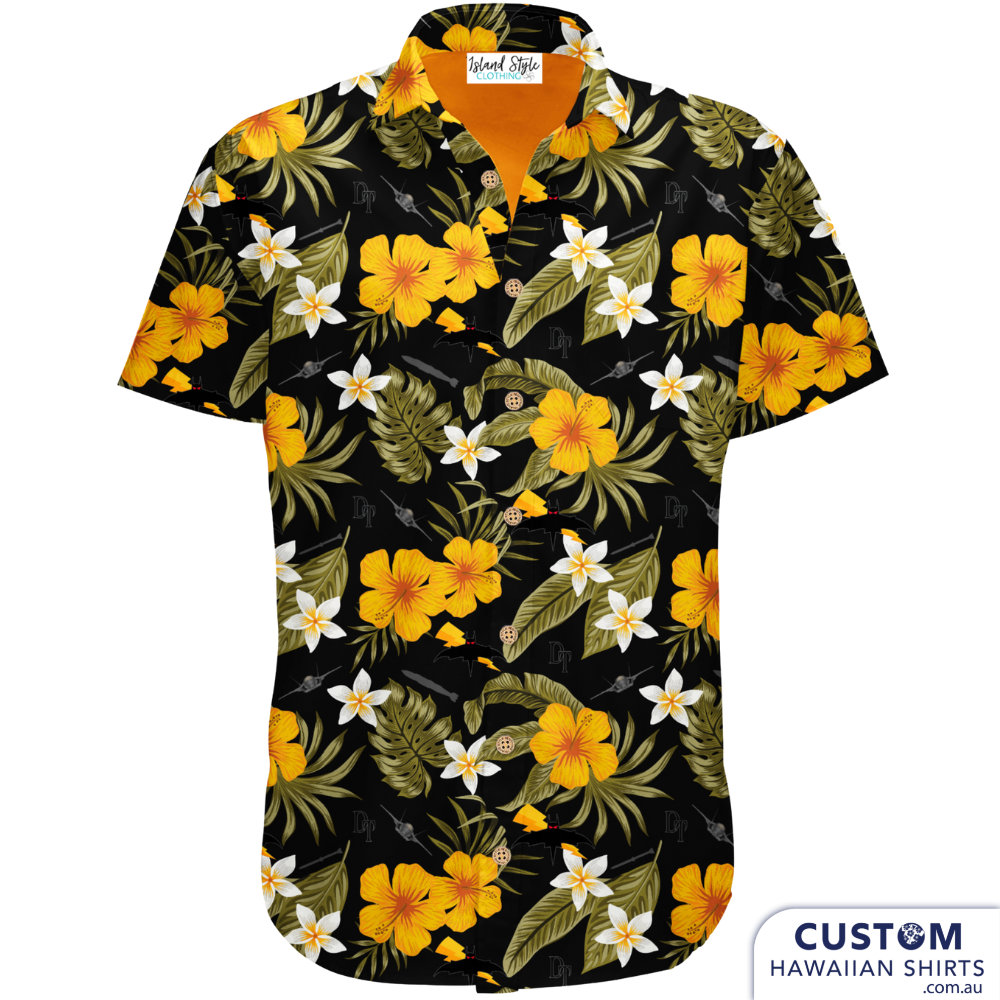 Custom Military Hawaiian Shirts. Black base with leafy base, yellow hibiscus and frangipani flowers to soften up the jets and bombs. Deadly style!  Off Duty Essentials 100% Cotton Hawaiian Shirts 