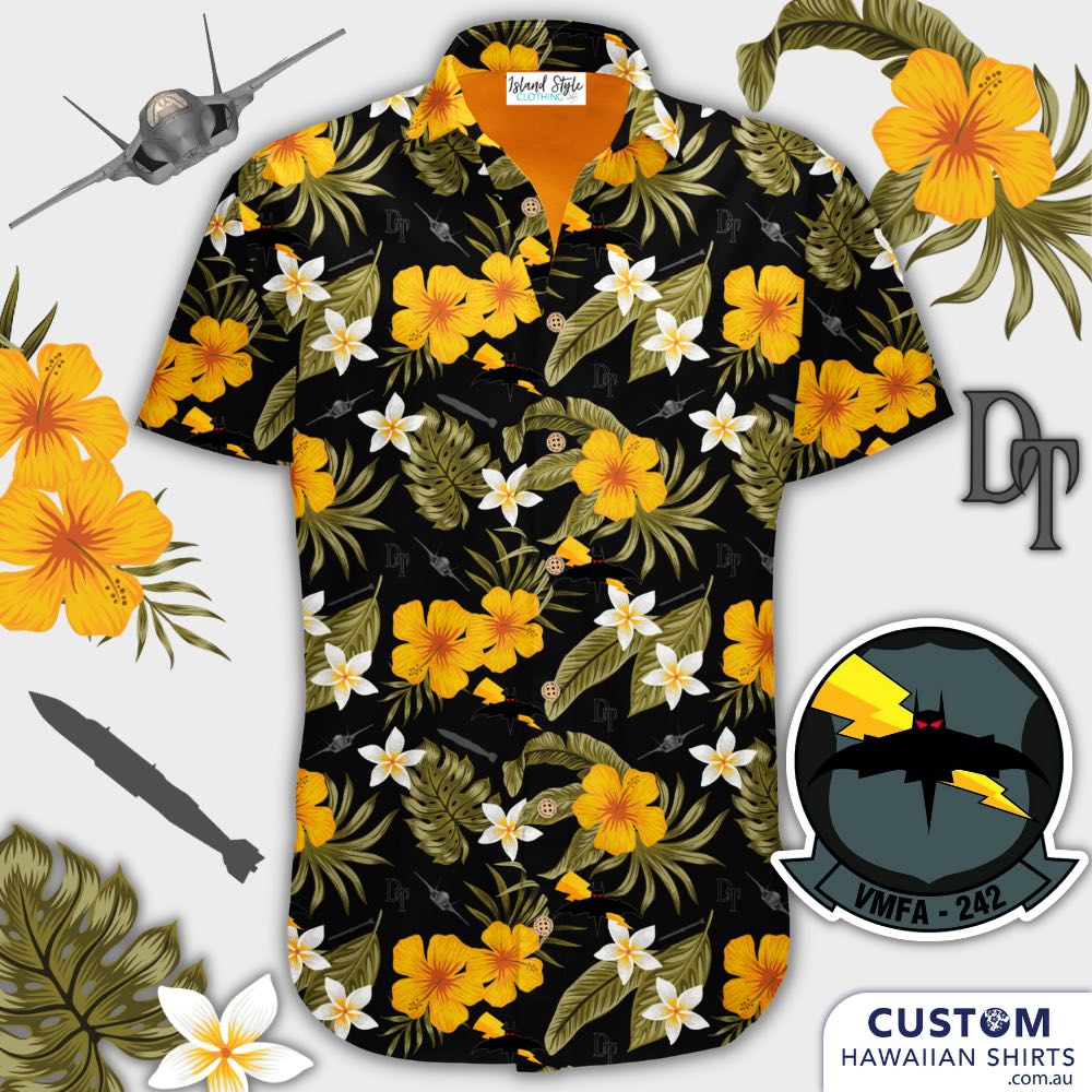 Custom Military Hawaiian Shirts. Black base with leafy base, yellow hibiscus and frangipani flowers to soften up the jets and bombs. Deadly style! Off Duty Essentials 100% Cotton Hawaiian Shirts