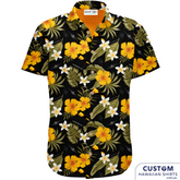 Custom Military Hawaiian Shirts. Black base with leafy base, yellow hibiscus and frangipani flowers to soften up the jets and bombs. Deadly style!  Off Duty Essentials 100% Cotton Hawaiian Shirts 
