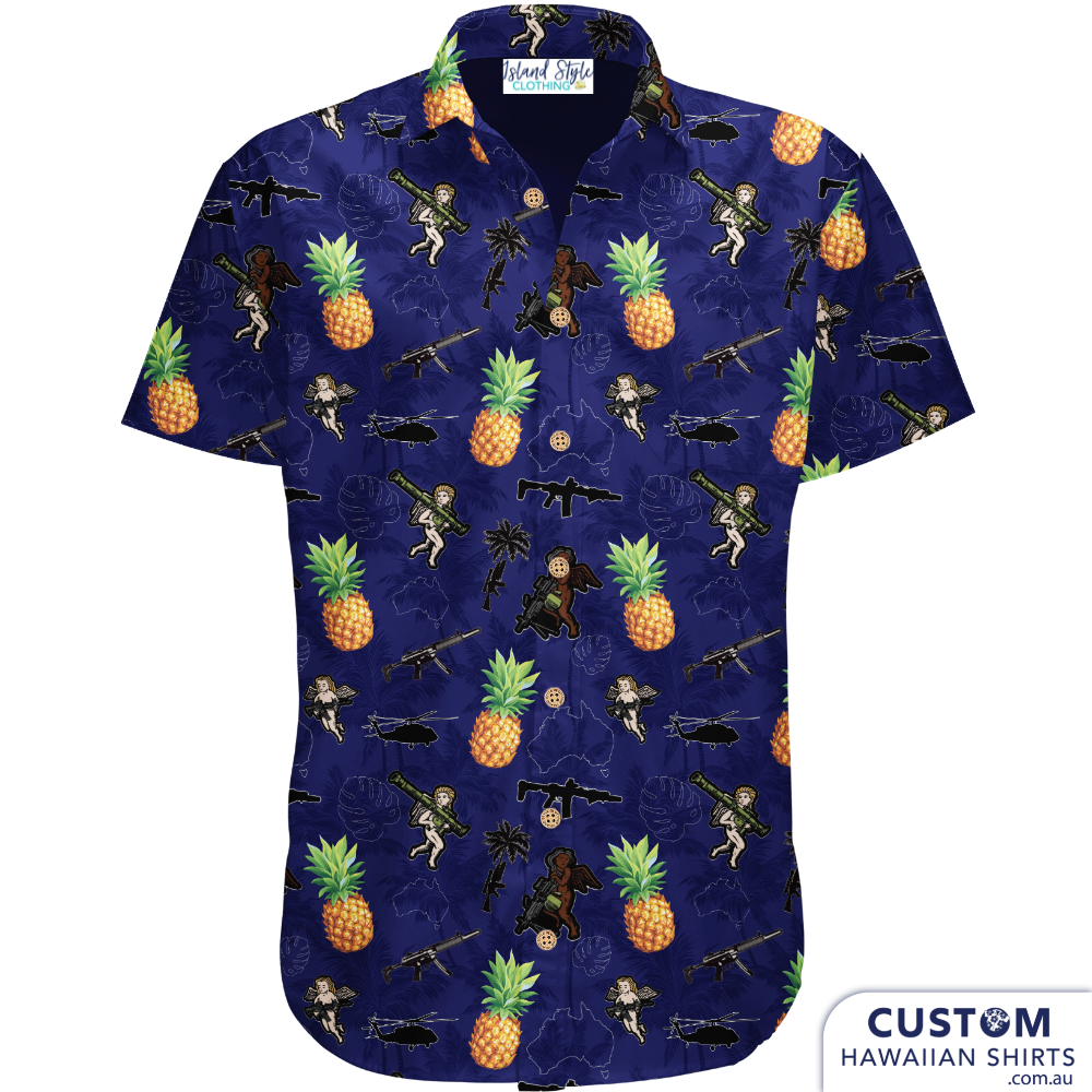 USMC 1st Battalion, 7th Marines (USA) - Custom Military Hawaiian Shirts. Pineapples and cupid-toting bazookas is a wild combo.  Off Duty Essentials 100% Cotton Hawaiian Shirts 