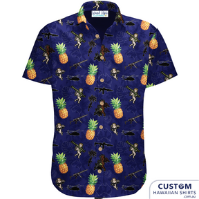 USMC 1st Battalion, 7th Marines (USA) - Custom Military Hawaiian Shirts. Pineapples and cupid-toting bazookas is a wild combo.  Off Duty Essentials 100% Cotton Hawaiian Shirts 
