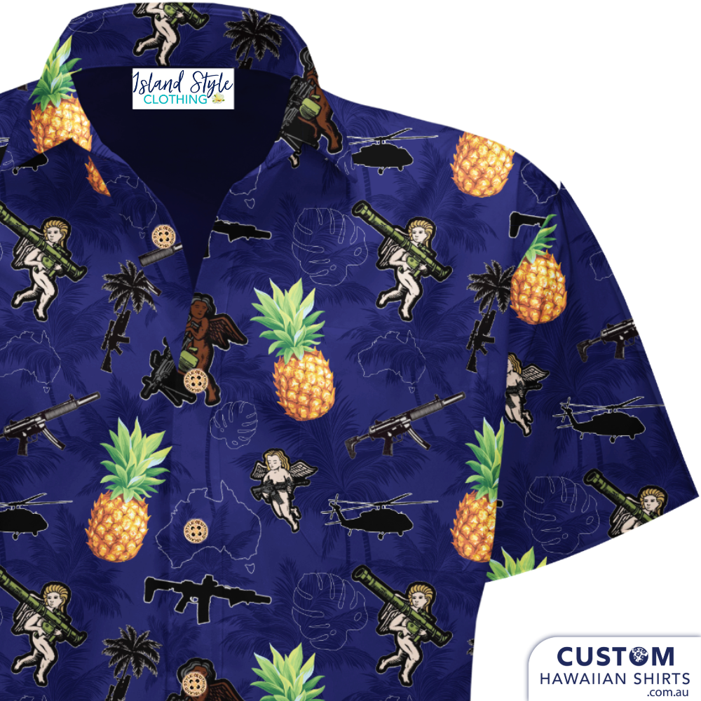 USMC 1st Battalion, 7th Marines (USA) - Custom Military Hawaiian Shirts. Pineapples and cupid-toting bazookas is a wild combo.  Off Duty Essentials 100% Cotton Hawaiian Shirts 
