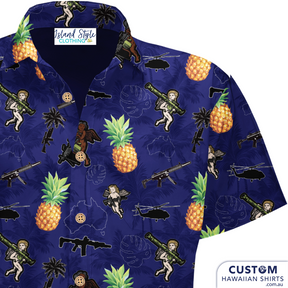 USMC 1st Battalion, 7th Marines (USA) - Custom Military Hawaiian Shirts. Pineapples and cupid-toting bazookas is a wild combo.  Off Duty Essentials 100% Cotton Hawaiian Shirts 
