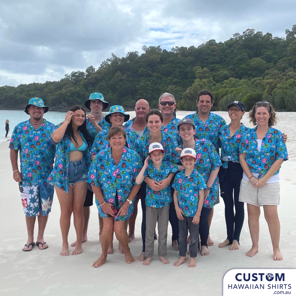 Kathy's 70th Birthday - Custom Hawaiian Face Shirts. Fun and festive destination shirts with your loved ones face on it. Perfect shirts for parties, cruising and special milestone birthdays and anniversaries.  100% Soft Rayon Open Collar Top Pocket Coconut Buttons