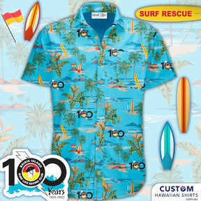 Bribe Island Surf Lifesaving Club, in Queensland wanted some very special Custom 100th Anniversary Shirts. Featuring their anniversary logo, flags, rescue boards, tropical flowers and palms laid out on a special tropical layout.