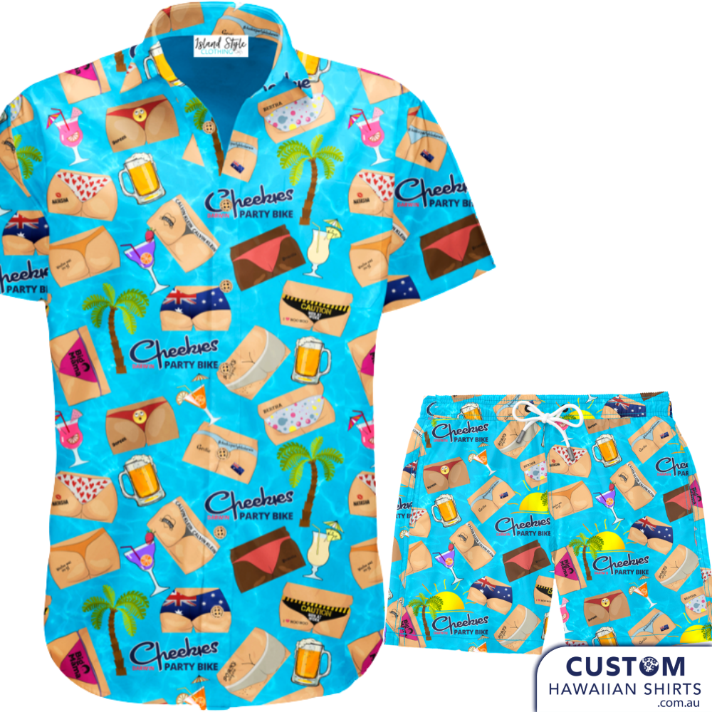 We designed these super fun Hawaiian shirts and shorts for 'Cheekies Bike Bar' in Darwin. The perfect uniform and merch for their brand. What a great souvenir to take home from your tropical holiday in the NT.   100% Soft Rayon 1 x chest pocket Coconut shell buttons