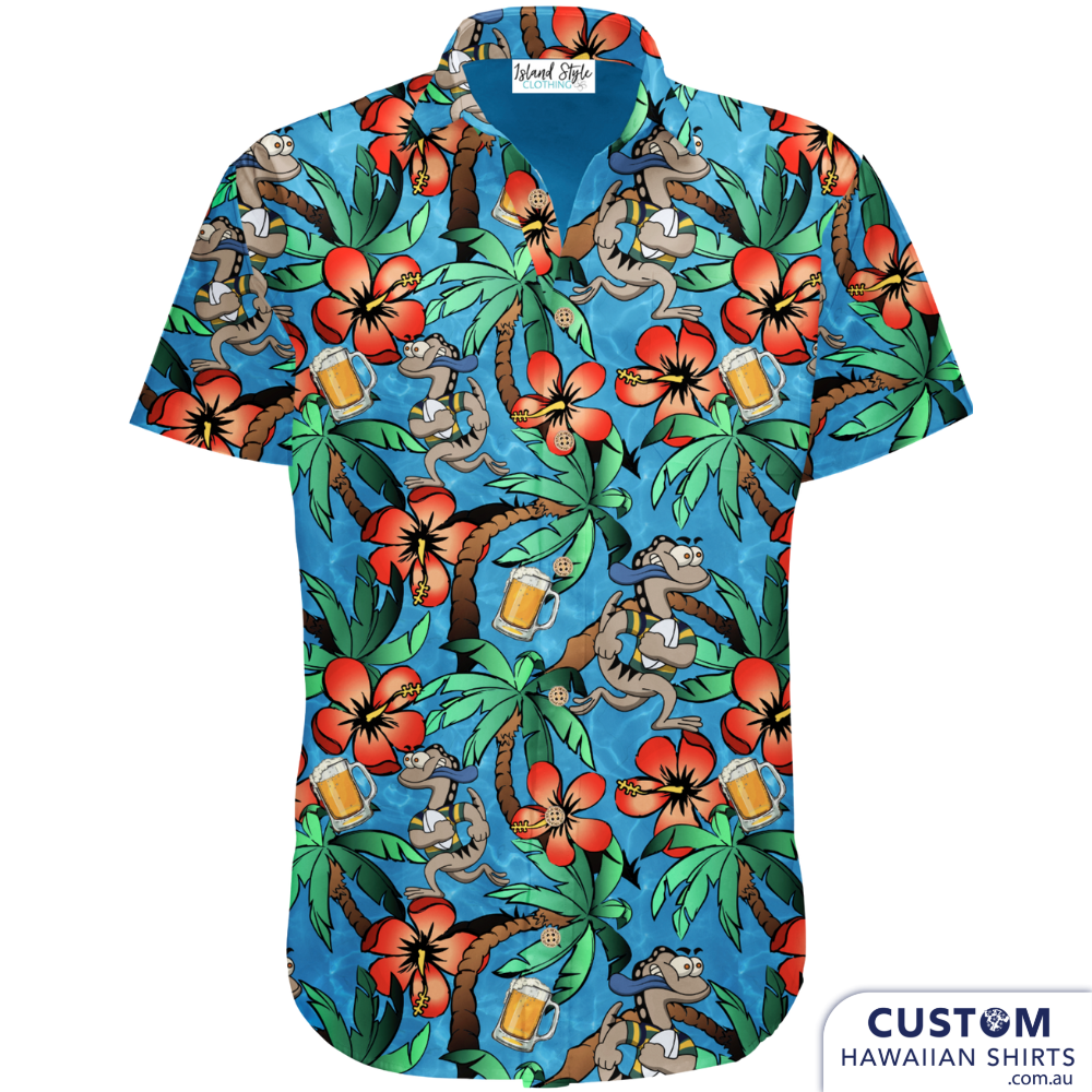 APRU (Australian Police Rugby Union) wanted new uniforms with palms, beers, a blue tongue lizard running with the footy and some flowers. Cracking Aussie design there. 100% Cotton Coconut buttons
