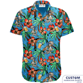 APRU (Australian Police Rugby Union) wanted new uniforms with palms, beers, a blue tongue lizard running with the footy and some flowers. Cracking Aussie design there. 100% Cotton Coconut buttons