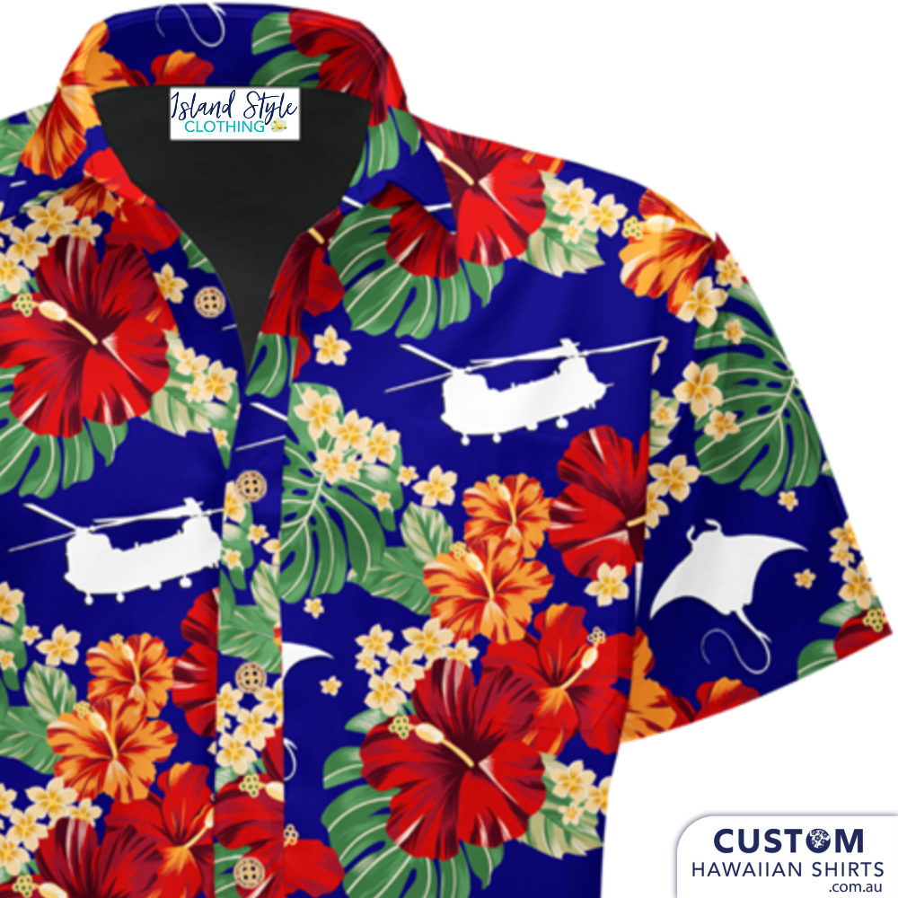 Chook Checkers' RSAF MLSS - Off-Duty Shirts & Shorts and kids shirts. They wanted a vintage Hawaiian print with stingrays and Chinooks.