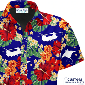Chook Checkers' RSAF MLSS - Off-Duty Shirts & Shorts and kids shirts. They wanted a vintage Hawaiian print with stingrays and Chinooks.
