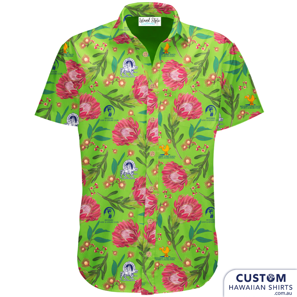 Bedourie Golf & Leisure Club in country Queensland geared up for their annual 'Camel and Pig Races' out west QLD.  We designed and made for them reversible Custom Bucket Hats to match Hawaiian Shirts. Ridgey Didge best event festival merch. Designed with beautiful Australian botanicals.   100% Cotton Twill 4 versions - Pink, Green, Yellow & Navy Blue Double sided Bucket Hat- Pink one side - Navy blue the other
