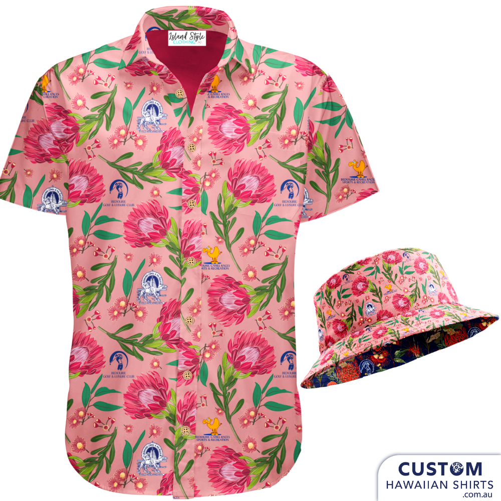 Bedourie Golf & Leisure Club in country Queensland geared up for their annual 'Camel and Pig Races' out west QLD. We designed and made for them reversible Custom Bucket Hats to match Custom Hawaiian Shirts.