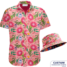 Bedourie Golf & Leisure Club in country Queensland geared up for their annual 'Camel and Pig Races' out west QLD.  We designed and made for them reversible Custom Bucket Hats to match Hawaiian Shirts. Ridgey Didge this is the best event festival merch. Designed with beautiful Australian botanicals.   100% Cotton Twill 4 versions - Pink, Green, Yellow & Navy Blue Double sided Bucket Hat- Pink one side - Navy blue the other