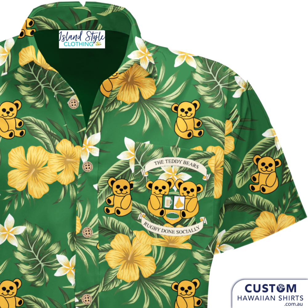 Custom Designed Hawaiian Shirts and Shorts for 'The Teddy Bears - Rugby Done Socially ' in Wellington, New Zealand  100% Soft Rayon Classic collar Coconut buttons World Wide Shipping