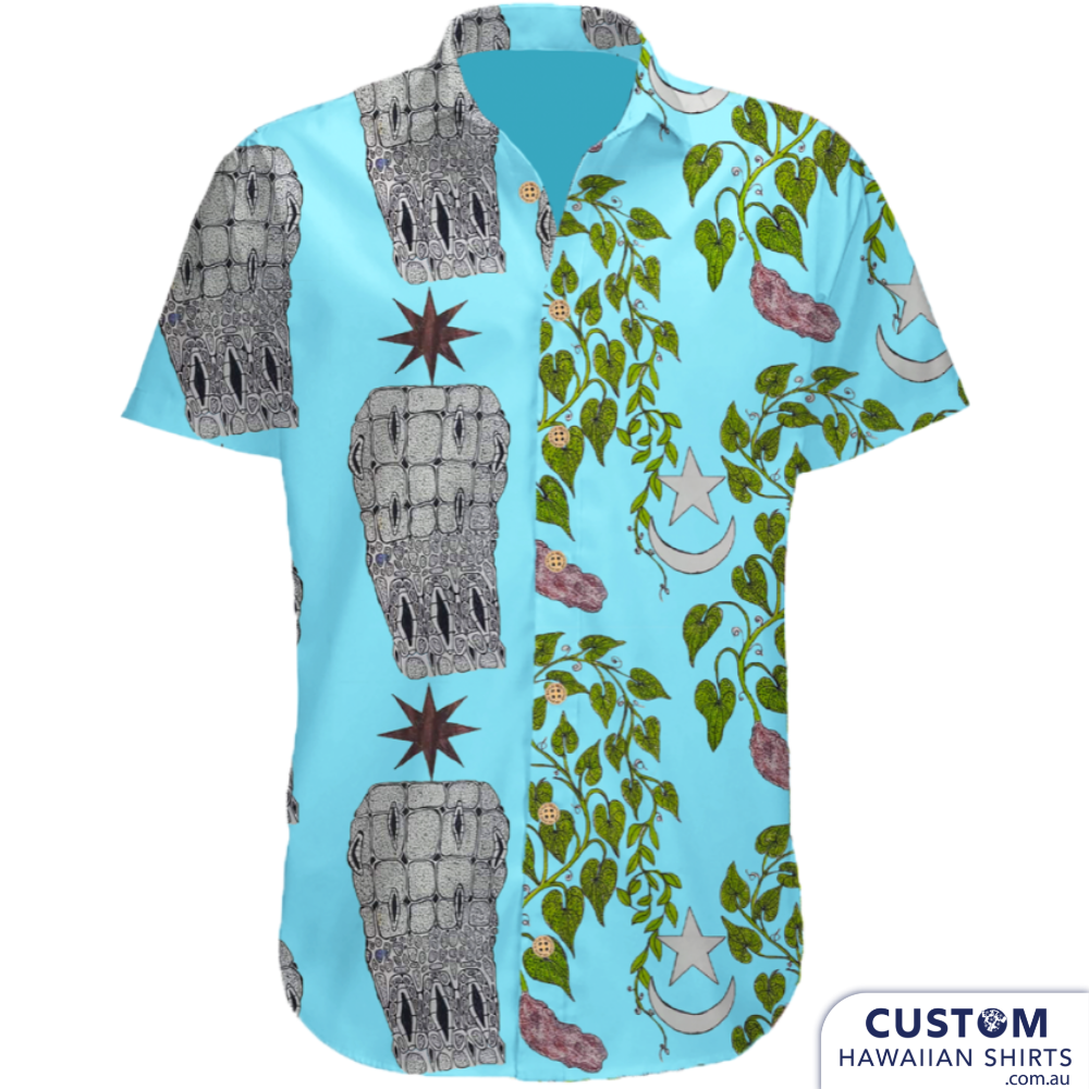 Customised Shirts made for a client in Daucan Island, Far North Queensland for her son's shaving ceremony. She hand-drew all the elements and we put them together on 3 different shirts. Deadly style! 100% Rayon Hawaiian Shirts 