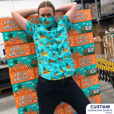 They are, absolutely Kaiju Krushing it, Aloha style! Proving that it can be a beautiful thing to experiment with diverse characteristics - the look here encapsulates fun while celebrating the lush tropical flavours of Australia. Custom Hawaiian Shirts, Shorts & Face Masks.