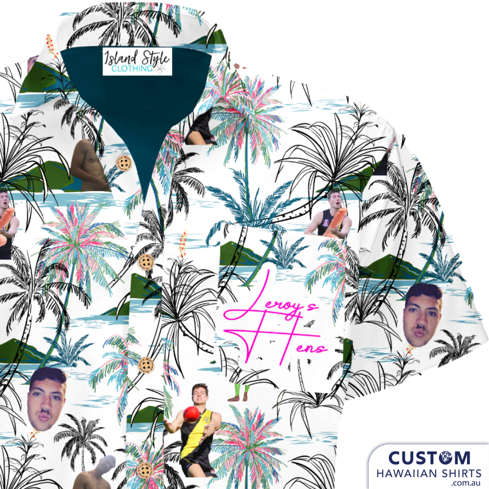 Leroy's Hens Party, Hamilton Island - Customized Bachelor Party Shirts.  What fun shirts for this bunch at Hamilton Island with matching personalised shirts with the buck (hen's) face on it!  Let us design one for your special someone's Milestone birthday, bucks parties or any event.   100% Cotton Top Pocket Coconut Buttons
