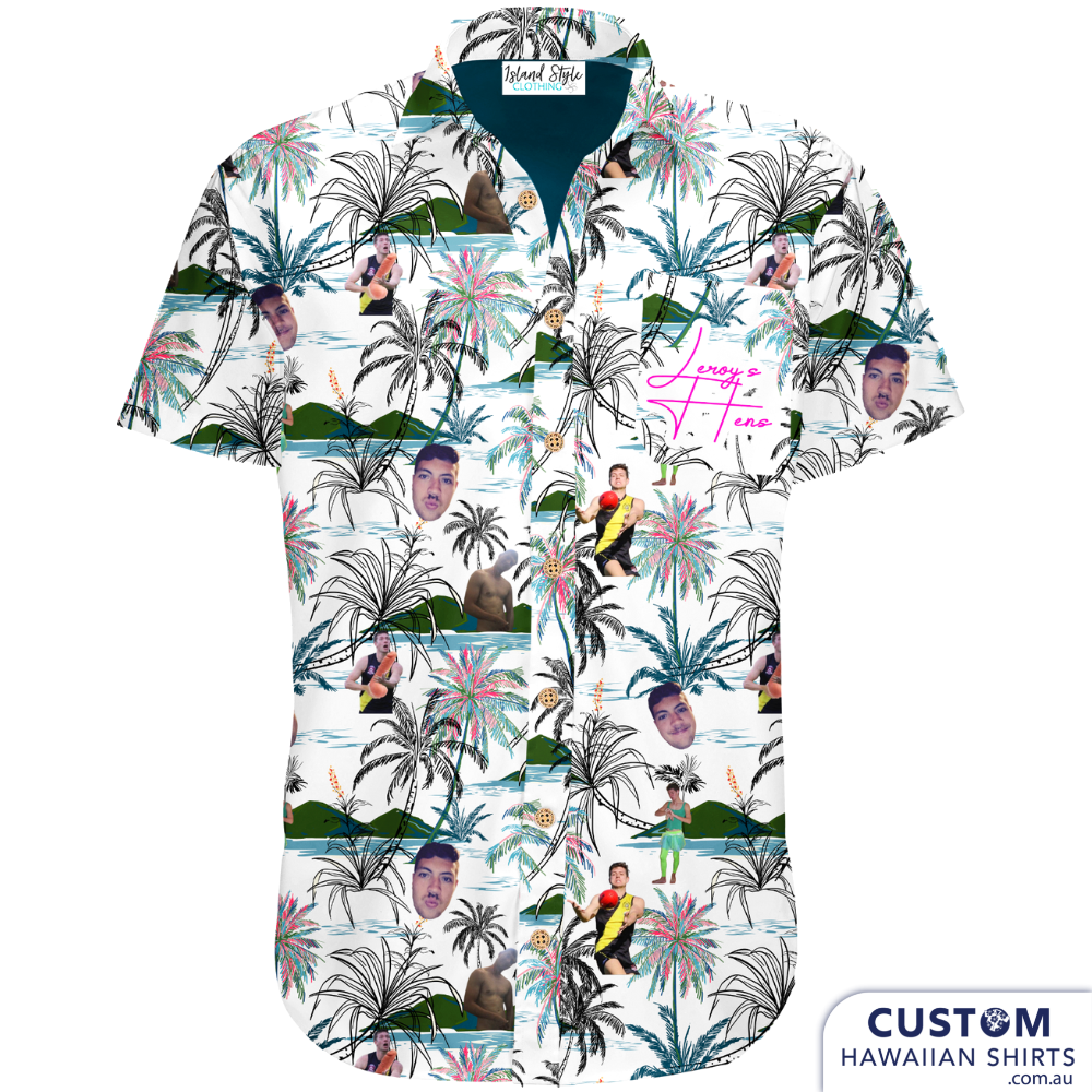 Leroy's Hens Party, Hamilton Island - Customized Bachelor Party Shirts.  What fun shirts for this bunch at Hamilton Island with matching personalised shirts with the buck (hen's) face on it!  Let us design one for your special someone's Milestone birthday, bucks parties or any event.   100% Cotton Top Pocket Coconut Buttons