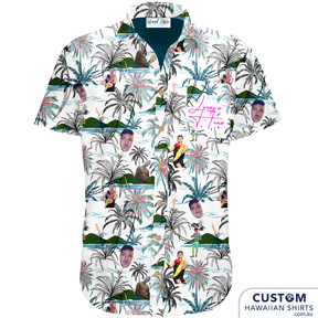 Leroy's Hens Party, Hamilton Island - Customized Bachelor Party Shirts.  What fun shirts for this bunch at Hamilton Island with matching personalised shirts with the buck (hen's) face on it!  Let us design one for your special someone's Milestone birthday, bucks parties or any event.   100% Cotton Top Pocket Coconut Buttons
