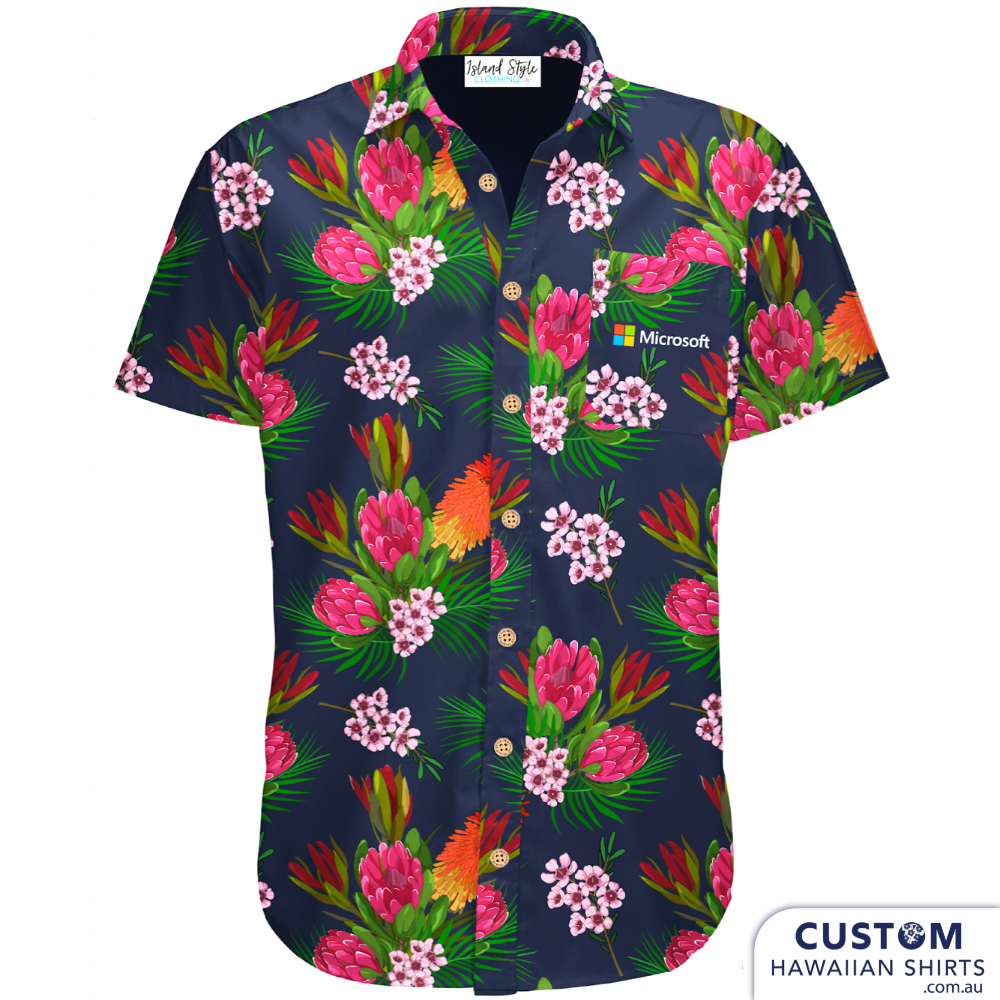 Microsoft wanted some new personalised shirts and our design team put together this great floral design with some Aussie botanicals and their logo on the pocket.  100% Cotton Coconut buttons