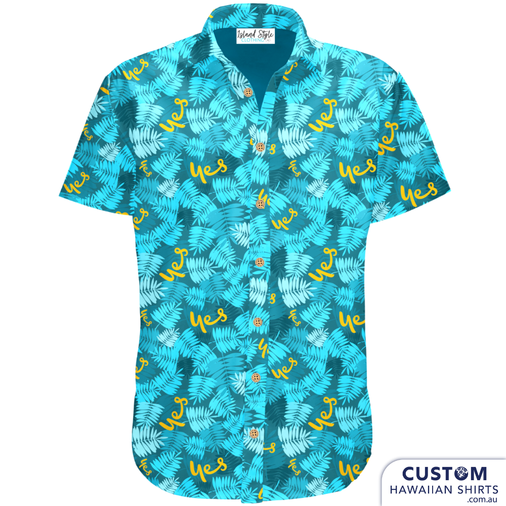 Optus said YES to some exciting new Customized Clothing from us and we put this together this great design with layers of leaves and their logo. It was a such a hit at the conference we have since made three other versions for other stores and the original store in Brisbane.  100% Cotton Coconut buttons