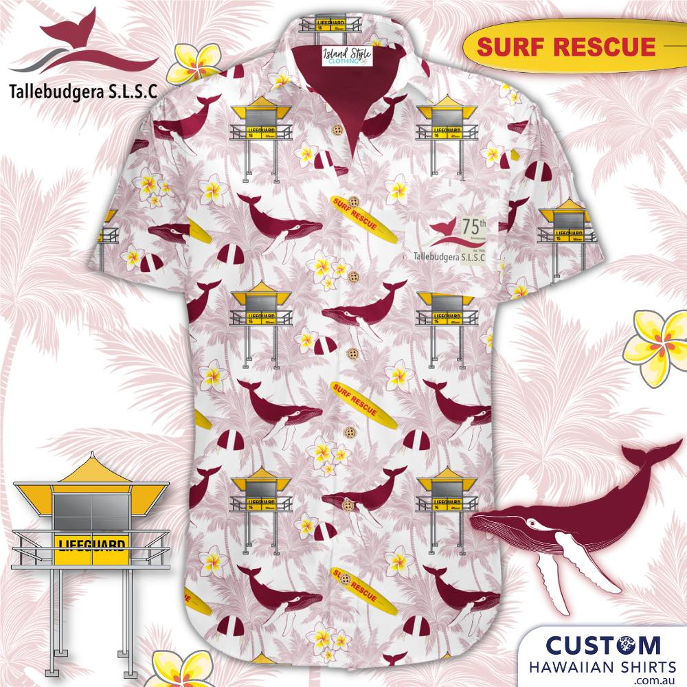 These cool custom face shirts were designed for the Tallebudgera Surf Life Saving Club. They feature whales, life saving tower, surf board with a background of frangipanis and palms.  'BETWEEN THE FLAGS'  There is always something happening at the Tallebudgera Surf Club. They welcome visitors and members to enjoy a first-class meal at their oceanfront restaurant, have a cold drink at the air-conditioned bar, and use their extensive gaming facilities.