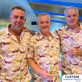 Tallebudgera Surf Life Saving Club on the Gold Coast wanted some long-sleeve cotton shirts also for custom uniforms, same design as the short-sleeve Hawaiian shirt just with extra sun cover. Design features whales, life saving tower, surf rescue board with a background of frangipanis and palms.