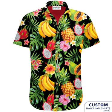 Surfers Paradise Beer Garden have some very tropical and super fruity new personalised hospitality uniforms. Large graphic pineapples, bananas and more. When you are visiting the GC - Australia's party capital be sure to pop in there for a cold bevvy.  100% Cotton Coconut embossed buttons