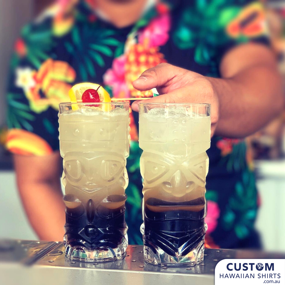 Surfers Paradise Beer Garden - Hospitality Uniforms are a super fruity print. Large graphic pineapples, bananas and more. When you are visiting the GC - Australia's party capital be sure to pop in there for a cold bevvy.  100% Cotton Coconut embossed buttons